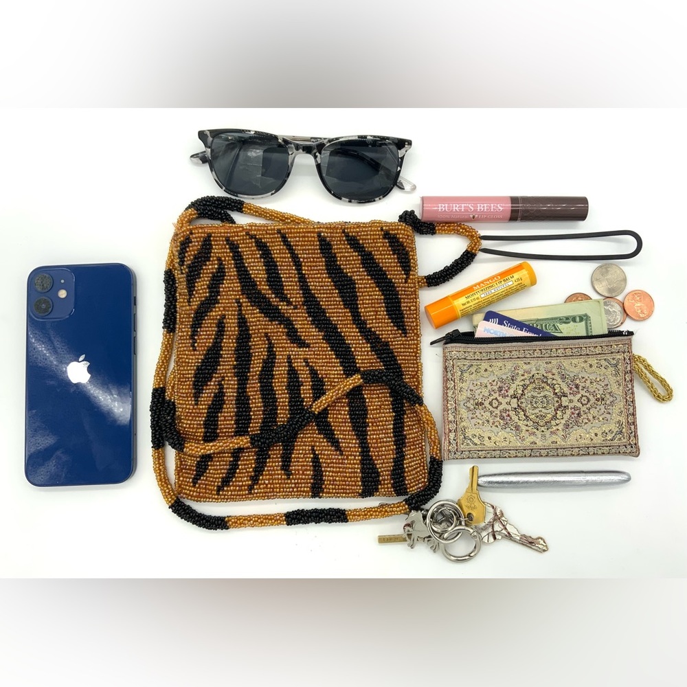 Vintage Tiger Striped Glass Beaded Crossbody Purse Dance Club Party Cocktail Bag